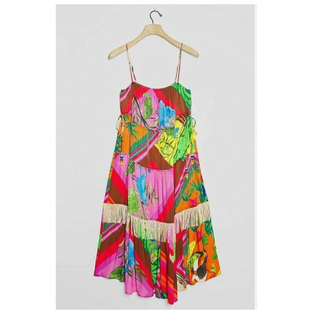 Anthropologie Farm Rio Palila Fringed Midi Dress Summer Topical Print Size XS
